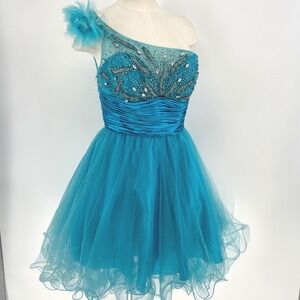 Cinderella Divine Teal Beaded One Shoulder Tulle Dress Sz 8 Short Cocktail *read